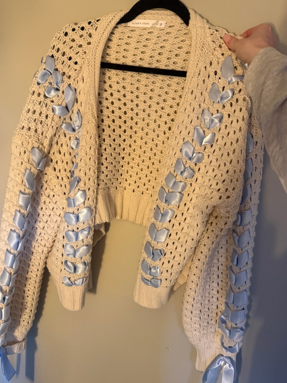Altar'd State Cream Crochet Cardigan with Light Blue Ribbon Lacing